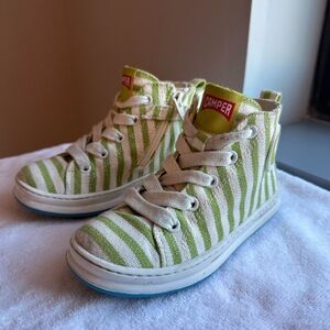 Camper Kids Green and White Striped Sneakers